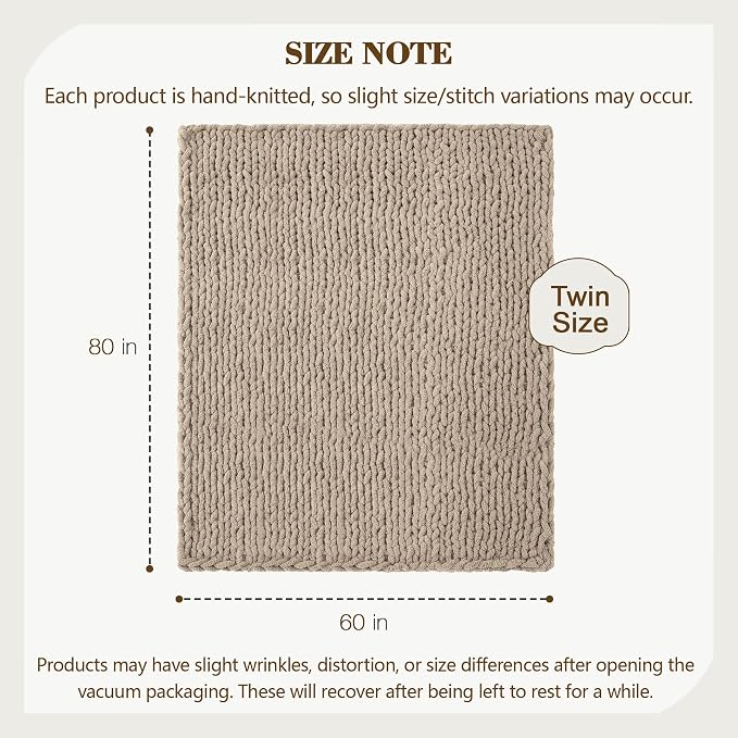 Carriediosa Chunky Knit Throw Blanket 60" X 80" Twin, 100% Hand Made Large Chenille Loop Yarn Soft Fluffy Throws for Couch Sofa Bed, Big Crochet Cozy Heavy Thick Cable Woven Blankets, Taupe