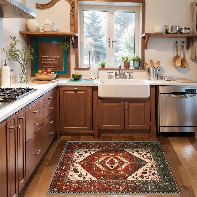 SERISSA Boho Rugs for Entryway, 2x3 Washable Non-Slip Rug Small Area Rug, Ultra Soft Oriental Vintage Terracotta Green Low-Pile Indoor Door Mat Floor Carpet for Entrance Bedroom Kitchen Bathroom