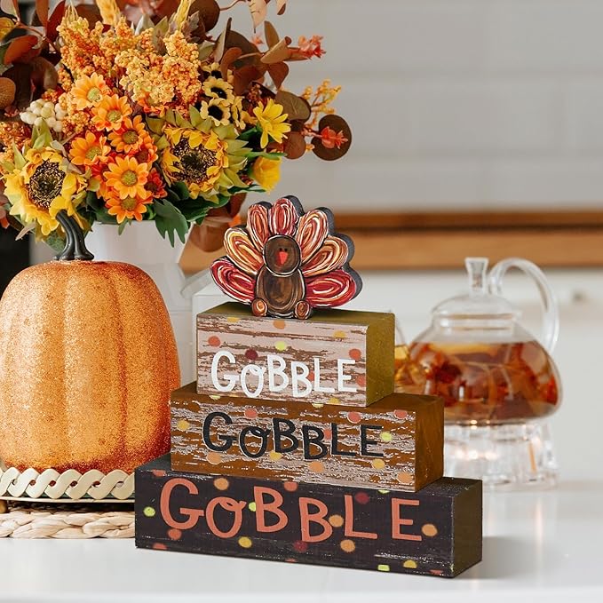 Smile Thanksgiving Decor Indoor Wooden Block Signs, Turkey Decor Gobble for Rustic Farmhouse Home, Thanksgiving Table Tiered Tray Kitchen Decorations