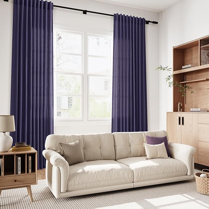 Purple Linen Curtains 72 Inch Long for Living Room Bedroom Lightweight Door Drapes 2 Panels Set, Semi Sheer Light Filtering Back Tab or Rod Pocket Curtain,52x72