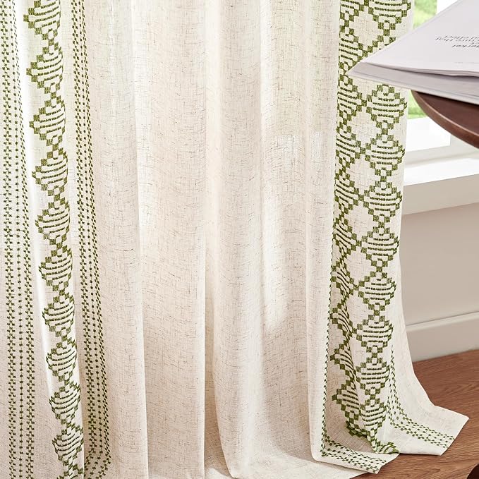 jinchan Boho Curtains Linen Blend Beige Farmhouse Curtains 63 Inches Long for Living Room Sage Green Square Embroidered Bordered Back Tab Bedroom Window Light Filtering Bohemian Drapes 2 Panels