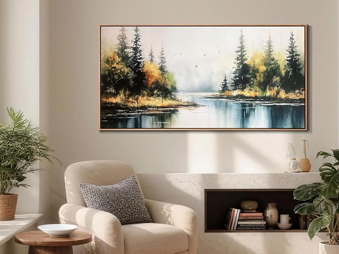 Arjun Forest Wall Art Canvas Landsacape Lake Painting Framed Large 58"x29" | Extra Large Wall Art for Living Room Bedroom Textured Lake Scenery Picture Artwork Dining Room Kitchen Home Office Wall Decor