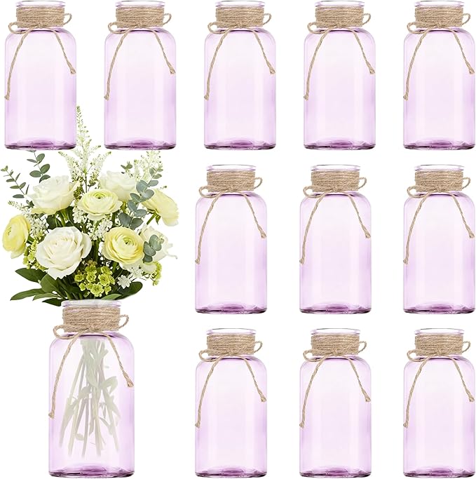 Vintage Glass Flower Vase, Farmhouse Glass Centerpiece Vases Mason Jars for Weddings, Parties & Home Decor Bulk (12, Purple)