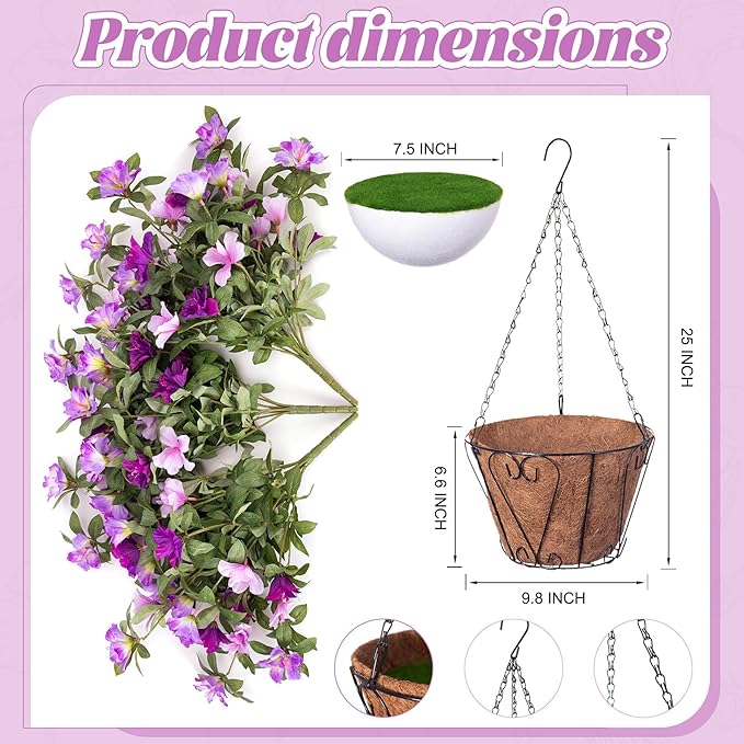 Ammyoo Artificial Hanging Flowers for Outdoors Hanging Baskets, 3 Pcs Fake Silk Flower with Hanging Baskets Planter for Spring Summer Garden Porch Patio Yard Outside Decor