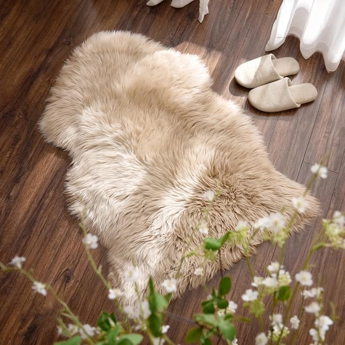 Premium Genuine Sheepskin Area Ruge - Real Wool Fur Shaggy Carpet | Fluffy Soft Natural Lambskin Rug Seat Chair Covers for Couch Sofa Bedroom Living Room(Beige,2×3 Feet Sheepskin)