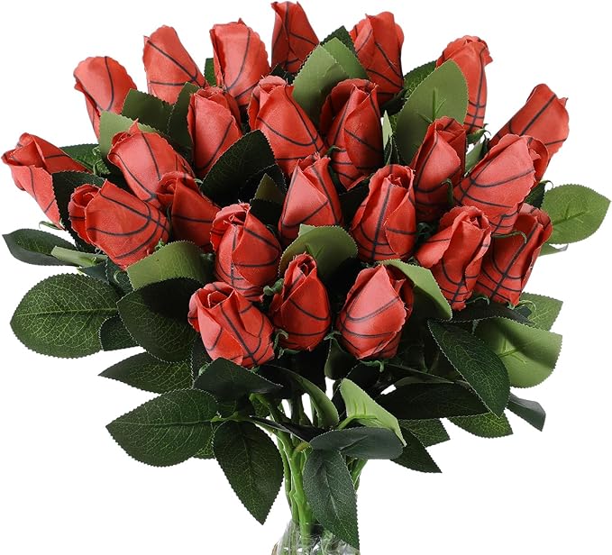Suhine 24 Pcs Artificial Basketball Rose Flowers Sports Party Favors Bulk for Birthday Graduation Wedding Party Decoration Table Centerpieces Mom Team Coach Senior Night Gift(Basketball Color, Normal)