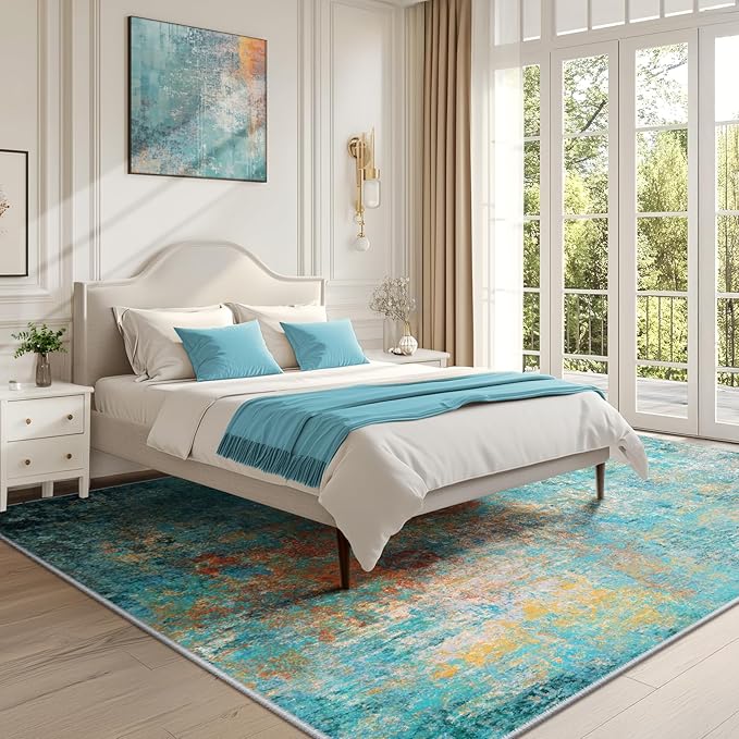 RELEANY Washable Area Rugs 7'x9' Non-Slip Modern Abstract Soft for Living Room Entryway Bedroom Nursery, Print Pattern, Teal Blue Green Orange Rust Red Coloreful