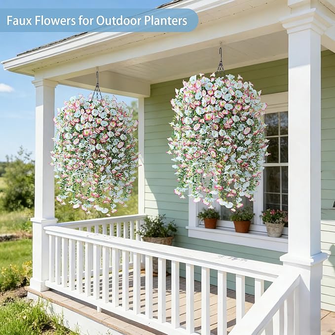 Artificial Hanging Flowers with Basket, 480 Blooms UV Resistant Faux Morning Glory Silk Plants, Fast & Easy Assembly Fake Hanging Baskets for Outdoor Porch Patio Garden Decor, Blue&White