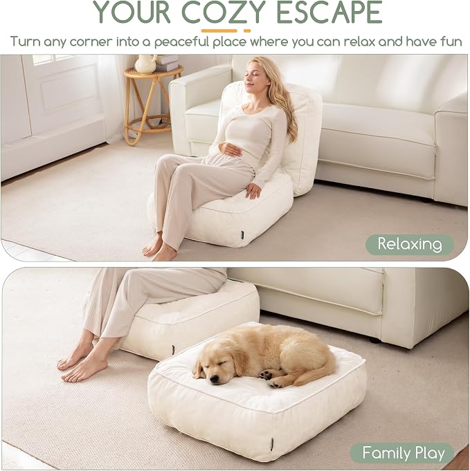HIGOGOGO 6" Extra Thick Floor Pillow Cushion for Adults, Meditation Cushion Pillow with Handle, Lustrous Chenille Tufted, Square Floor Sitting for Tatami Living Room or Yoga, 22x22 Inch, Beige