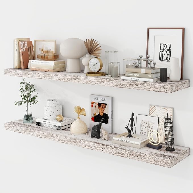 Acovy 48 Inch Floating Shelves, 9.3" Deep Floating Shelf Wall Mounted, 48" Wall Shelves, Rustic Deep Bookshelf, Large Display Shelves & Storage Shelves for Bedroom, Living Room, Rustic, Set of 2