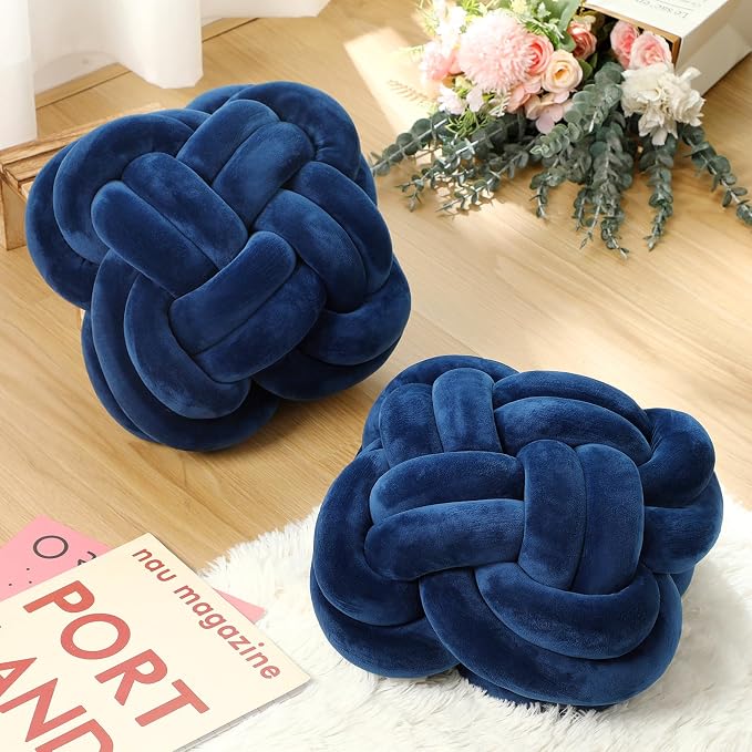Beeveer 2 Pcs Knot Pillow Balls Set, 12 Inch Soft Decorative Throw Knot Pillow Ball, Large Square Knotted Floor Cushion for Living Room Bedroom Sofa Couch Bed Home Decoration (Navy Blue)