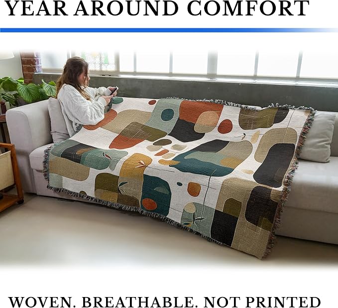 Pure Country Weavers Abstract Linen Shapes Blanket - Mid Century Modern - Gift Tapestry Throw Woven from Cotton - Made in The USA (72x54)