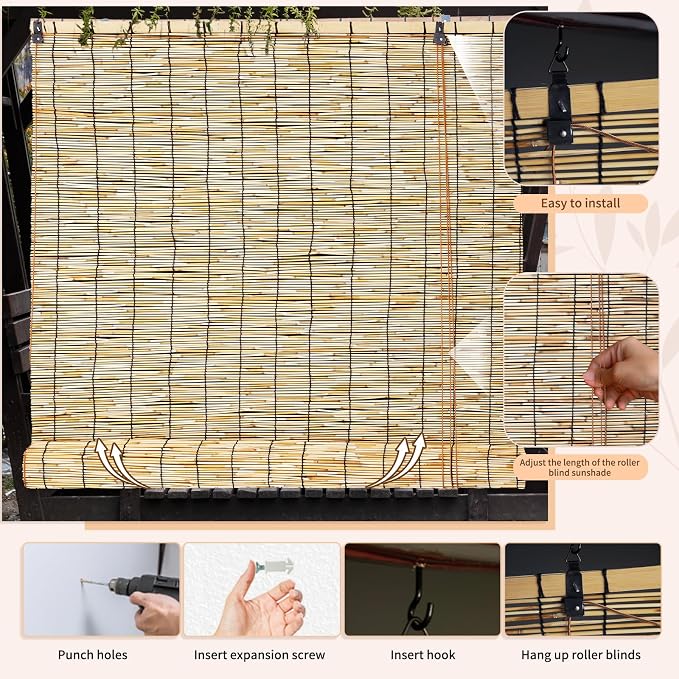 Reed Roller Shades, 48" W x 72" H Waterproof Privacy Screen Bamboo Outdoor Blind, Reed Curtain for Porch, Patio, Yard, Windows (Natural)