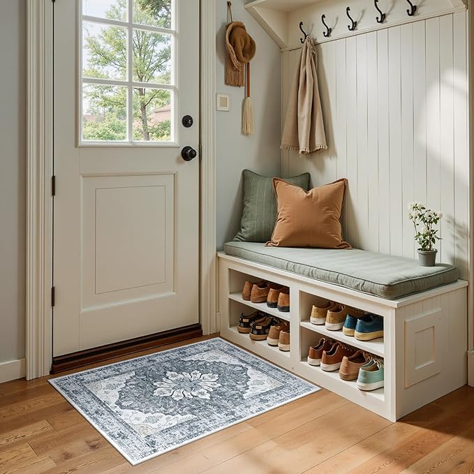 RELEANY Area Rugs 2'x3' Kitchen Rugs Entry Rug Small Rugs for Entryway Kitchen Bathroom Door Mat Indoor Entrance,Washable Non Slip, Light Gray Grey White