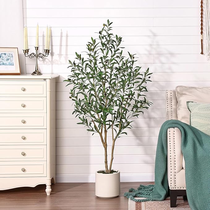 Verinatural Artificial Olive Tree Faux Plants Indoor - 5FT Tall Fake Tree with Remote LED Spotlights, Cylinder Round White Planter - for Modern Home Office Living Room Floor Display, VN214