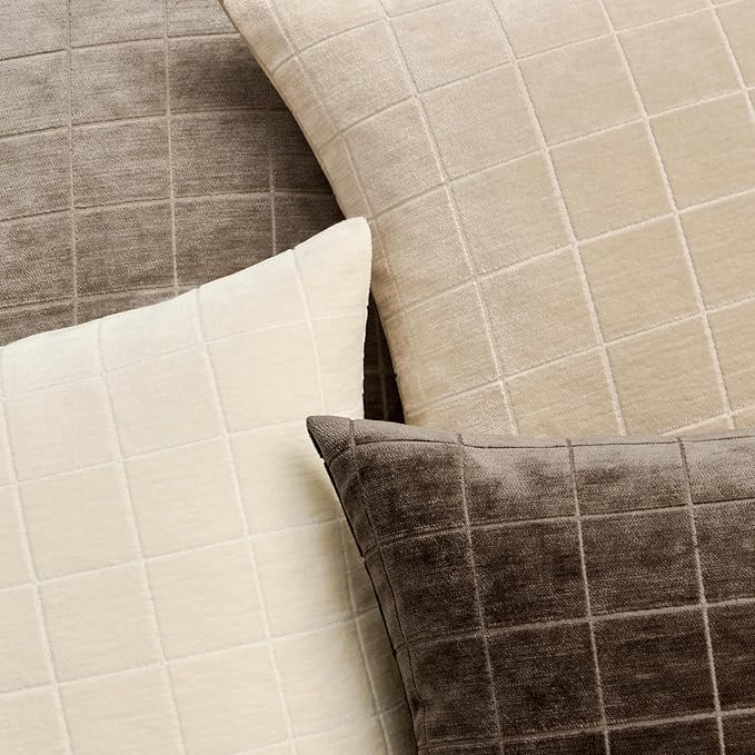 MIULEE Decorative Chenille Check Throw Pillow Covers Vintage Plaid Couch Pillows 18x18 Inch Set of 2 Neutral Boho Farmhouse Cushion Covers Modern Spring Home Decor for Sofa Bed Living Room Cream