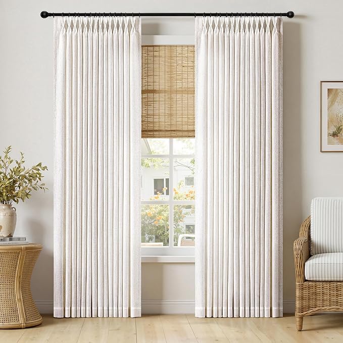 MIULEE Extra Wide 60 Inch Width Pinch Pleated Thick Linen Curtains 96 Inches Long 2 Panels for Patio Sliding Glass Door Living Room Bedroom Large Windows, Memory Trained Nautral Drapes Hooks&Rings
