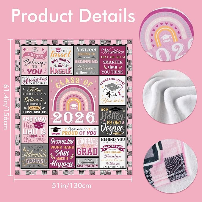 Graduation Gifts Blanket for Her, Soft Cozy Pink Class of 2026 Throw Blanket, Inspirational Quotes Graduation Blanket, 50"x60"