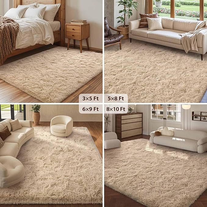 FinRèc 8x10 Feet Rugs for Bedroom Living Room, Tan Fluffy Plush Area Rug, Non-Slip High Pile Shaggy Rug for Kids Room Dorm Room Home Decor, Indoor Solid Shag Floor Carpet
