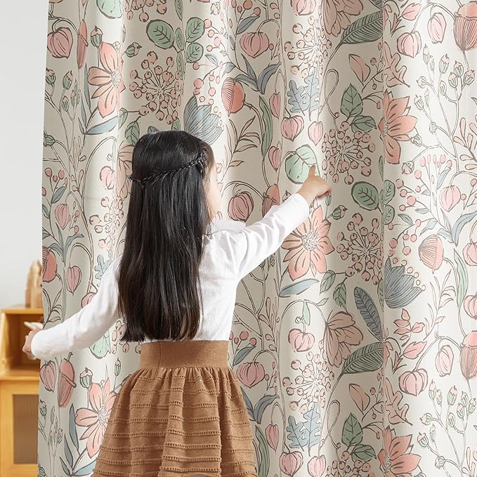 Vangao Pink Nursery Curtains for Girls Room Floral Blackout Curtains 63 Inch Length Farmhouse Drapes for Bedroom Room Darkening Flower Patterned Window Treatment for Kids Set of 2
