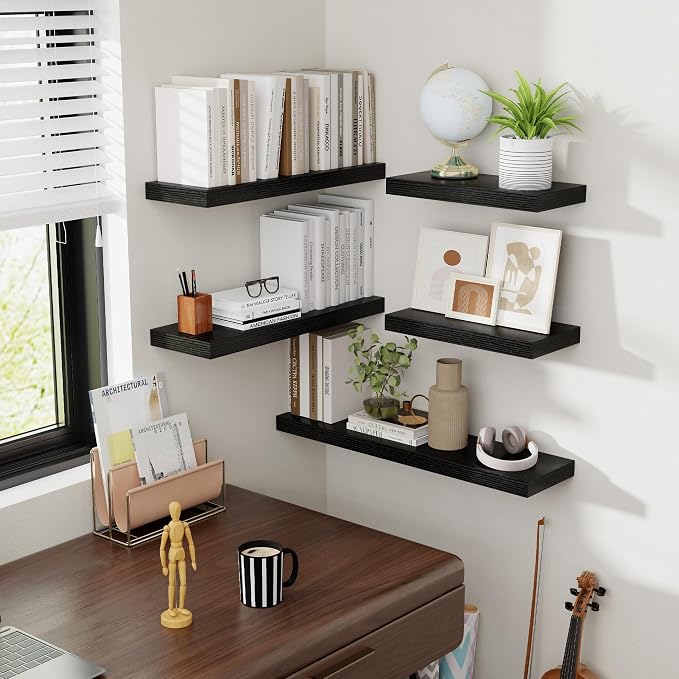 Acovy 40 Inch Floating Shelves, 8 Inch Deep Floating Shelves for Wall, Hanging Shelf with Invisible Brackets, Deep Shelves for Bathroom, Bedroom, Living Room, Black, Set of 2