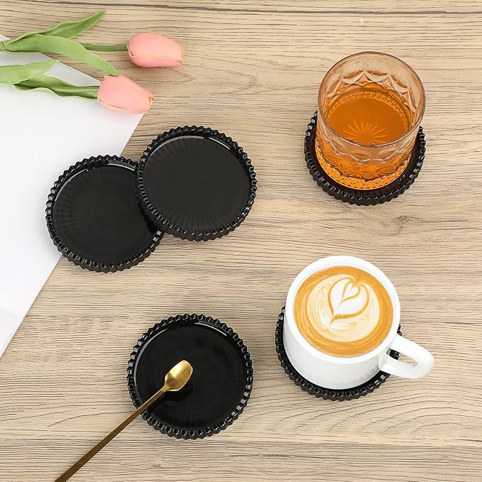 Drink Coaster Set of 5- Coffee Table Coasters, Round Cup Mats Home Décor Accents, Cup Coaster, Glass, Black, Coasters for Office, Kitchen, Bar, Dining Room, Living Room, Patio