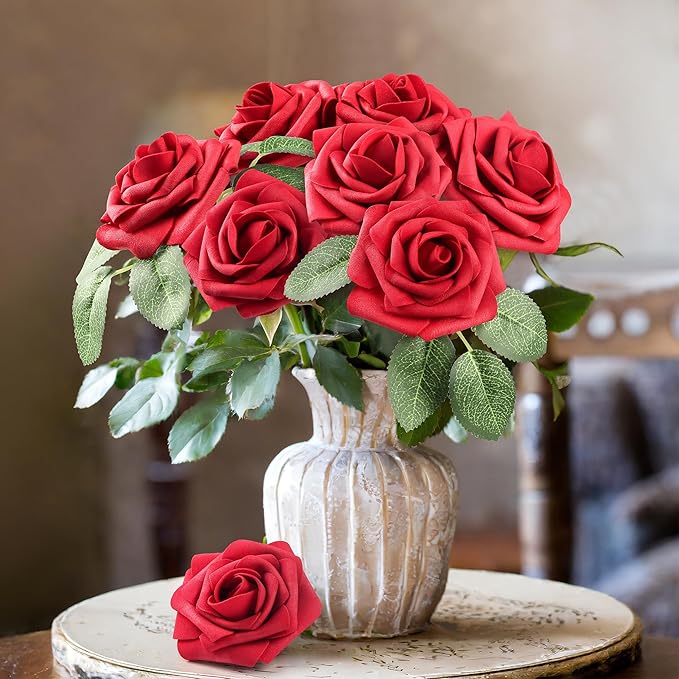 Mocoosy 50 Pcs Artificial Flowers Red Roses Bulk, Real Looking Fake Foam Roses with Stems DIY Wedding Bouquet Floral Arrangement Bridal Shower Centerpieces Mother's Day Party Home Table Decorations