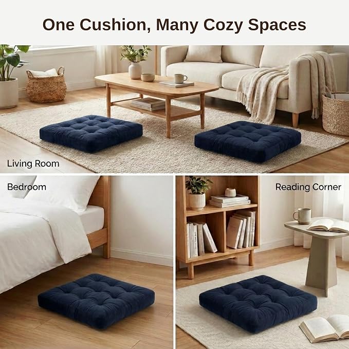 Floor Pillow for Adults, Soft Velvet Floor Cushion for Sitting, Single Square Tufted Floor Pillow for Reading Nook, Living Room, Bedroom, 22 x 22 Inch, Navy