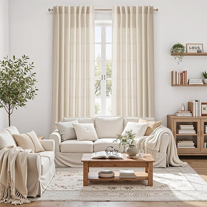 Nanspring Modern Farmhouse Decor Curtains 96 Inches Long for Living Room Linen Cream Beige Luxury Light Filtering Semi Sheer Curtain Back Tab Coastal Drapes for Bedroom Office 52x96, 2 Panels