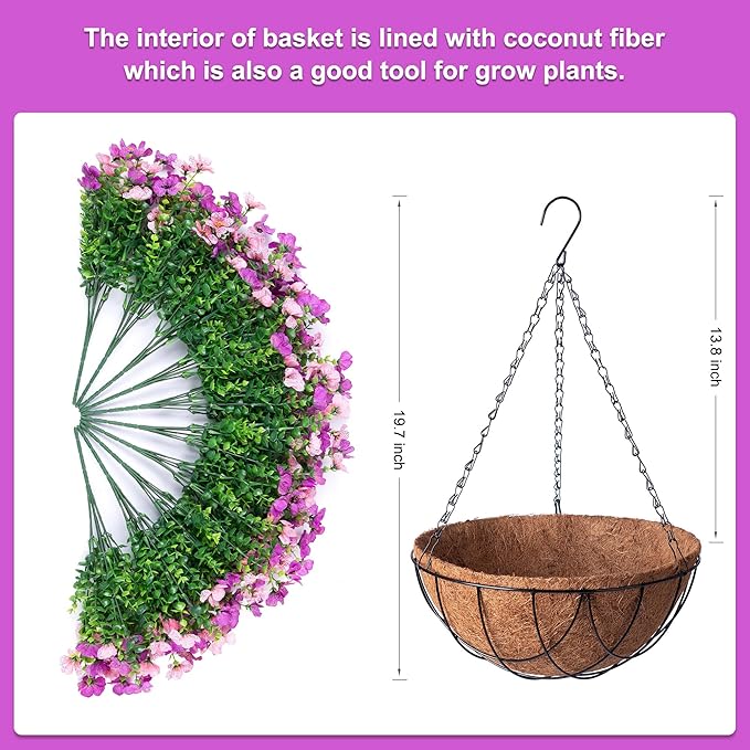 INXUGAO Artificial Silk Flowers Hanging Basket for Outdoor Indoor, Daisy with Eucalyptus Leaves Arrangement for Garden Yard Spring Decor, Faux Green Plant in Metal Coconut Lining Pot(Purple Pink)