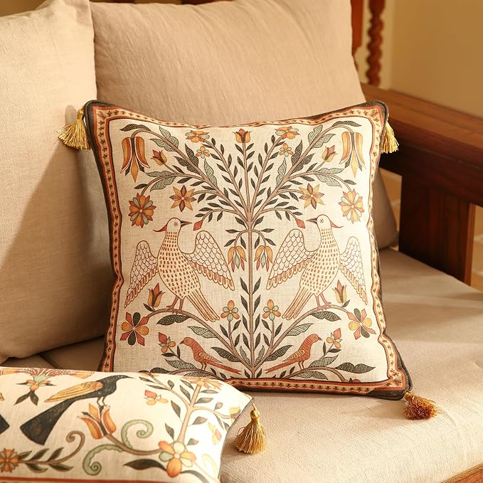 bilin gaier Designer Linen Throw Pillow Covers,18"x18" Set of 2-Seville A | Vintage Elegant Square Pillow Cover,Concealed Zipper,Floral and Bird Pattern,Sofas,Bedroom,Living Room,Lounge Chairs