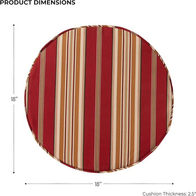 Set of 2 Outdoor 18 inch Round Patio Dining Chair Pads – Comfortable Fiber-Filled Seat Cushions with Ties, Reversible Polyester Fabric, Roma Stripe