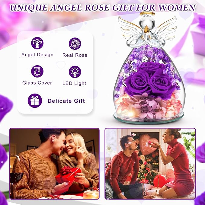 Beferr Mothers Day Mom Birthday Gifts for Women, Fresh Flowers for Delivery Forever Preserved Rose in Glass Angel Figurine, Anniversary Christian Real Rose for Grandma Nana Wife Mum from Daughter Son