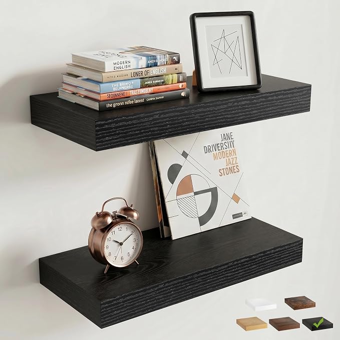 16 Inch Floating Shelves for Wall, 8"D Wood Storage Shelves, Black Finish | Engineered Wood, Invisible Bracket, Large Storage, Easy Install, Hold Up to 33lbs, Living Room, Bathroom, Bedroom, Kitchen