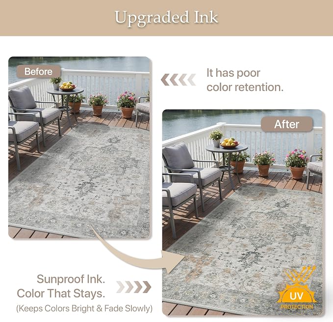 GENIMO Outdoor & Indoor Area Rug 4'x6', Waterproof, Non-Shedding, Easy Cleaning, Boho Mat for Patio, Living Room, Balcony, Dining Room, RV, Deck, Bedroom, Camping, Outside Carpet,Light Grey Brown