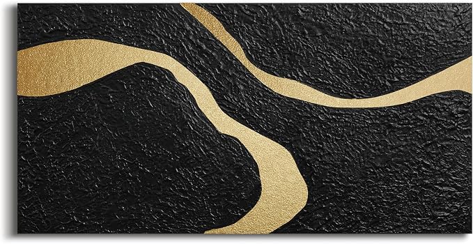 Large Horizontal Abstract Black & Gold Canvas Wall Art, Modern Wall Decor | Neutral Oil Textured Painting, Minimalist Contemporary Artwork for Living Room Bedroom Office Hallway Dining Room, 24x48 In