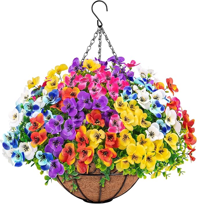 Artificial Hanging Flowers with Baskets for Outdoors, Fake Silk Pansy Flowers UV Resistant Faux Hanging Plants for Front Porch Patio Yard Home Spring Summer Decoration, Multicolor