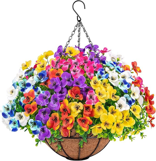 Artificial Hanging Flowers with Baskets for Outdoors, Fake Silk Pansy Flowers UV Resistant Faux Hanging Plants for Front Porch Patio Yard Home Spring Summer Decoration, Multicolor