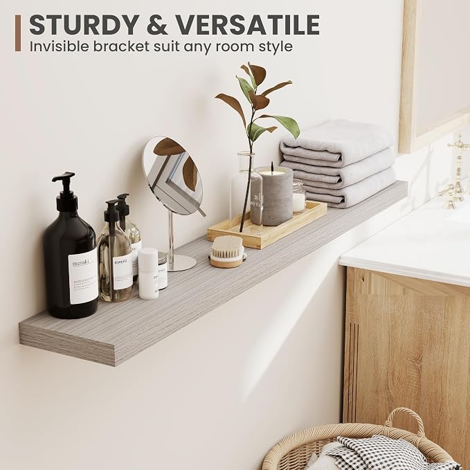 Acovy 55 Inch Floating Shelves, 8 Inch Deep Floating Shelves for Wall, Hanging Shelf with Invisible Brackets, Deep Shelves for Bathroom, Bedroom, Living Room, Grey, Set of 1