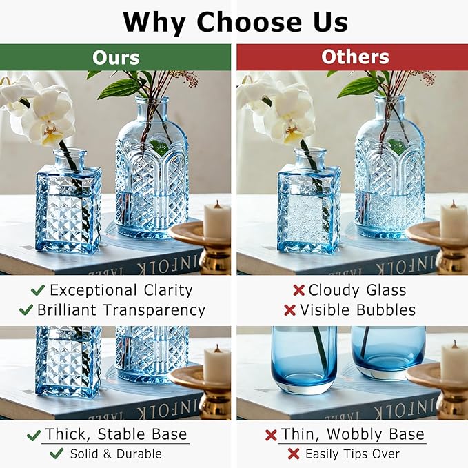 SUPMIND 16pcs Glass Bud Vase Set, Small Blue Flower Vases for Centerpieces in Bulk, Mini Vintage Vase for Wedding, Home Decor, Table Decoration