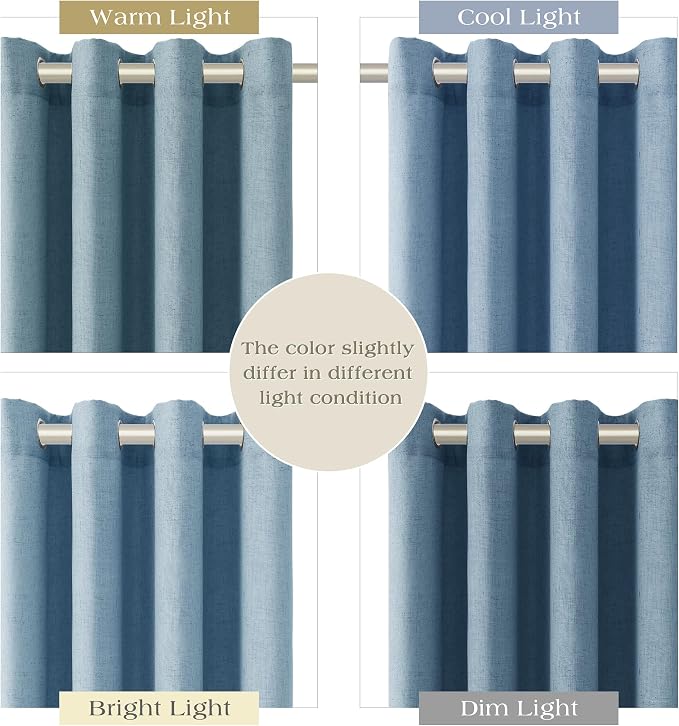 Dusty Blue Linen Curtains 96 Inches Long for Living Room Patio Door 2 Panels Set Grommet Textured Light Reducing Semi Sheer Drapes Breathability High Window Curtain for Dining Room Office 52x96