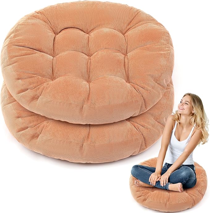 Jerify 2 Pcs Floor Pillow Cushions Large Round Square Large Meditation Floor Pillow for Classroom Adult Meditation Picnic Party Seating Learning Daycare School (Round,Light Brown)
