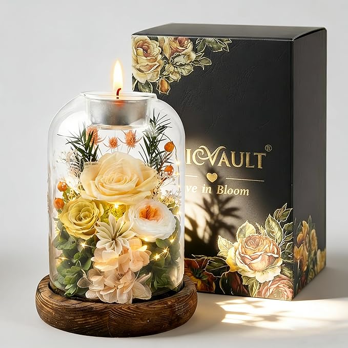 Gifts for Mom, Preserved Rose Flowers in Glass Dome, Forever Flowers for Delivery, Eternal Rose, Birthday Gifts for Women, Mothers Day for Grandma, Wife, Daughter, Anniversary(Champagne)