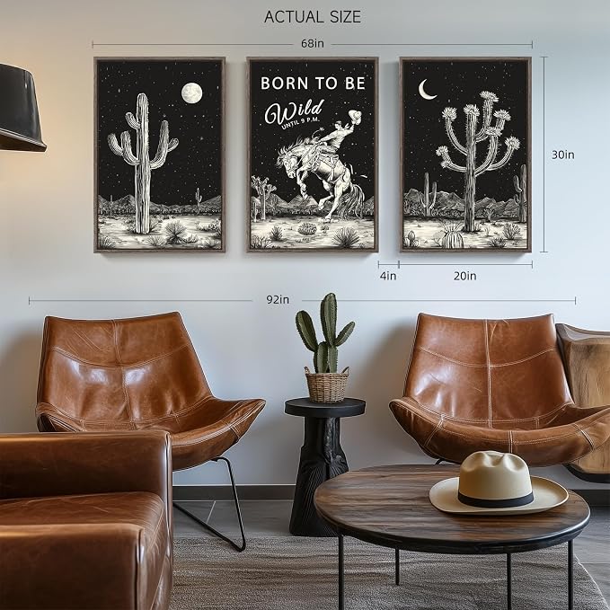 Framed Large Western Wall Art for Living Room, Cowboy Desert Cactus Canvas Artwork Prints, Black and White Boho Southwest Decor, Starry Night Pictures for Bedroom, Home Office Total Size 30x60 Inch
