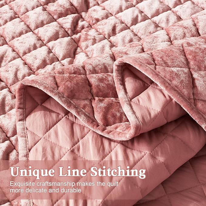 Cosybay Luxury Velvet Quilt Set King, Lightweight Oversized Bedspread Coverlet Quilted Box Stitch Bedding Set, with 2 Matching Pillow Shams, for All Season, Rose Pink