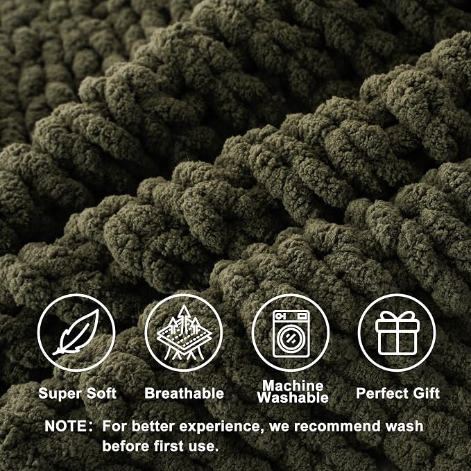 Battilo Olive Green Chunky Knit Throw Blanket, Soft and Thick Green Chenille Throw Blanket, 50"x60" Handmade Cable Knit Crochet Blanket, Rope Knot Knitted Throw Blankets for Couch Sofa Home Decor
