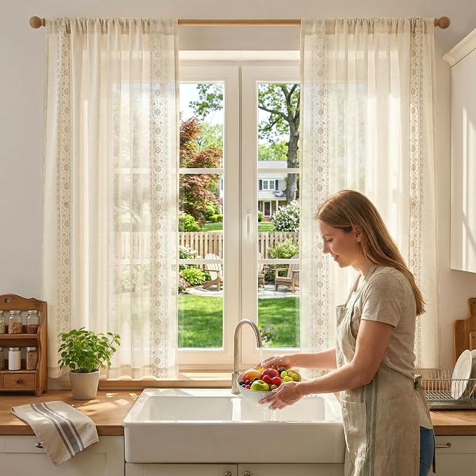 jinchan Weslie Beige Floral Sheer Curtains for Bedroom 63 Inch Long Embroidered Voile Farmhouse Linen Curtains for Living Room Ivory Flower Patterned Cottage Core Window Drapes 2 Panels Ivory on Beige