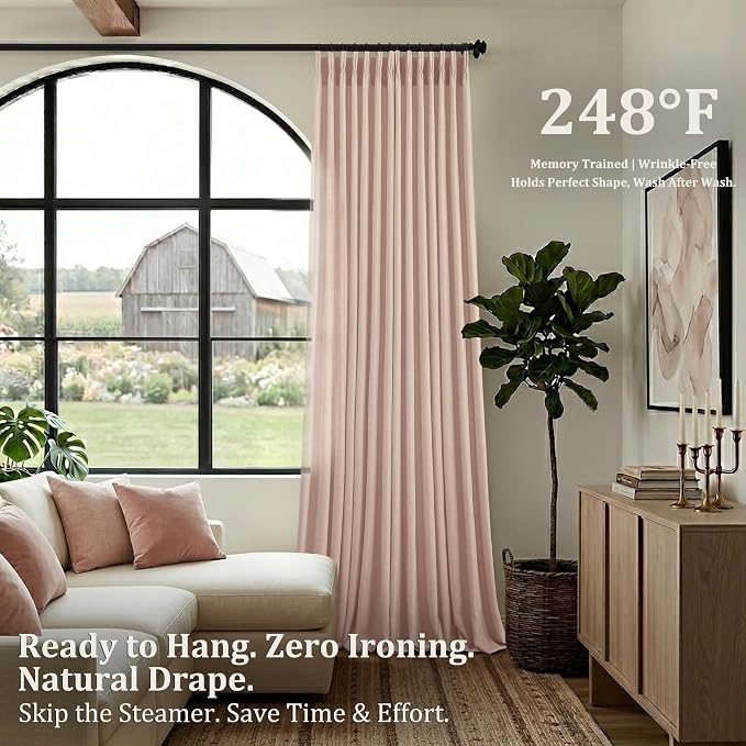 Pinch Pleated Linen Curtains 92 Inch, 2 Panels Premium 400GSM Memory Trained Semi Sheer Light Filtering Window Drapes for Living Room Bedroom Dining,Back Tab & Adjustable Hooks Rings, Muted Terracotta