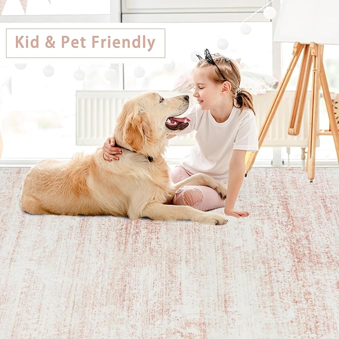 Srugn Washable Rugs 8x10 Area Rugs for Living Room,Rugs for Bedroom,Large Carpets,Ultra Soft Faux Wool Retro Dining Room Rug,Non Slip&Non-Shedding Low Pile Vintage Print Rug for Home Office-Pink White