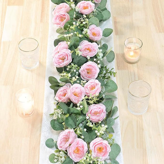 TOCHGREEN 2 Pack 13Ft Artificial Eucalyptus Flower Garland with Pink Camellia, Fake Flower Greenery Garland Floral Vines for Wedding Home Party Room Table Runner Decor (2PCS, Pink)